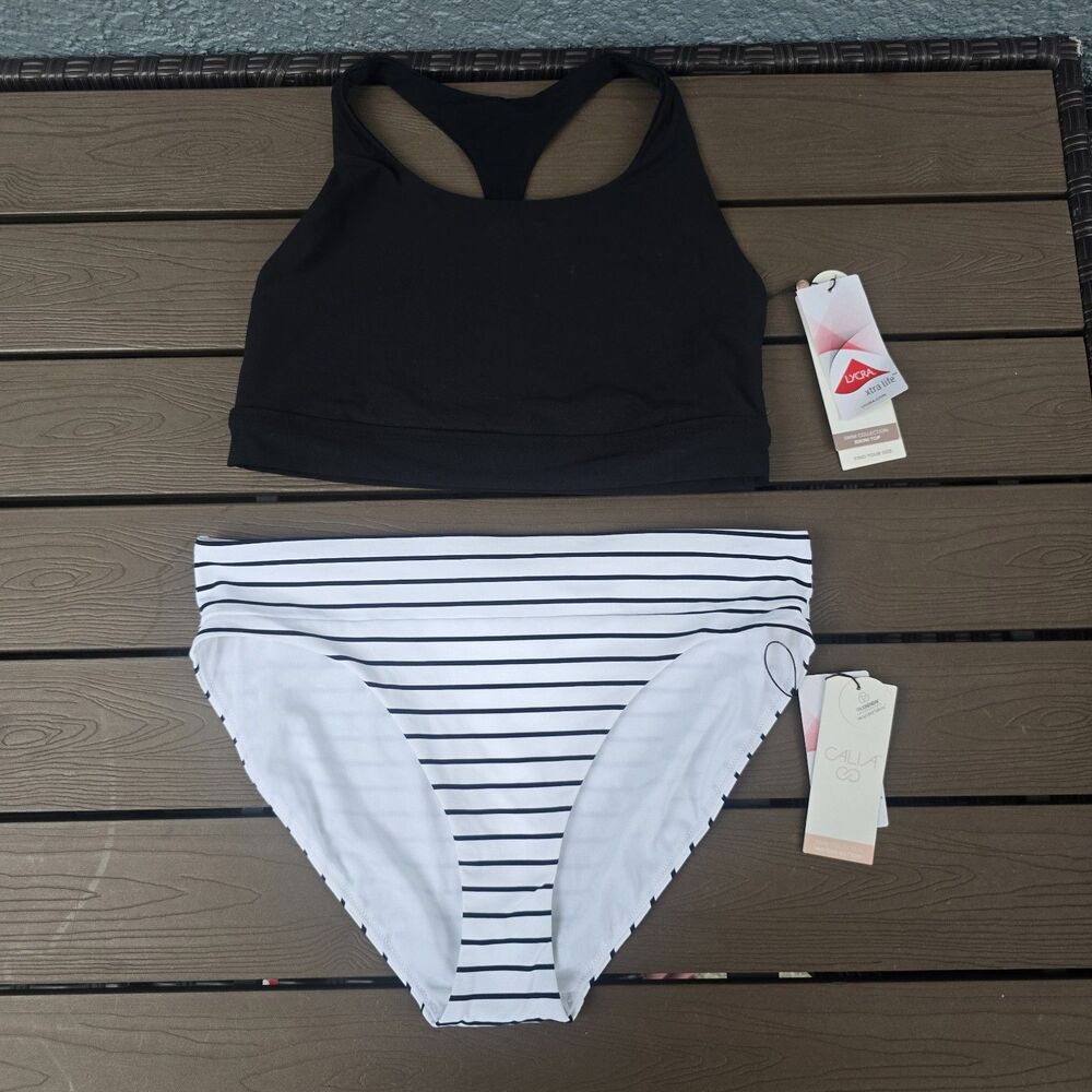 CALIA Women's Black Racerback Bikini Top & Black White Wide Band Bikini Sz M New